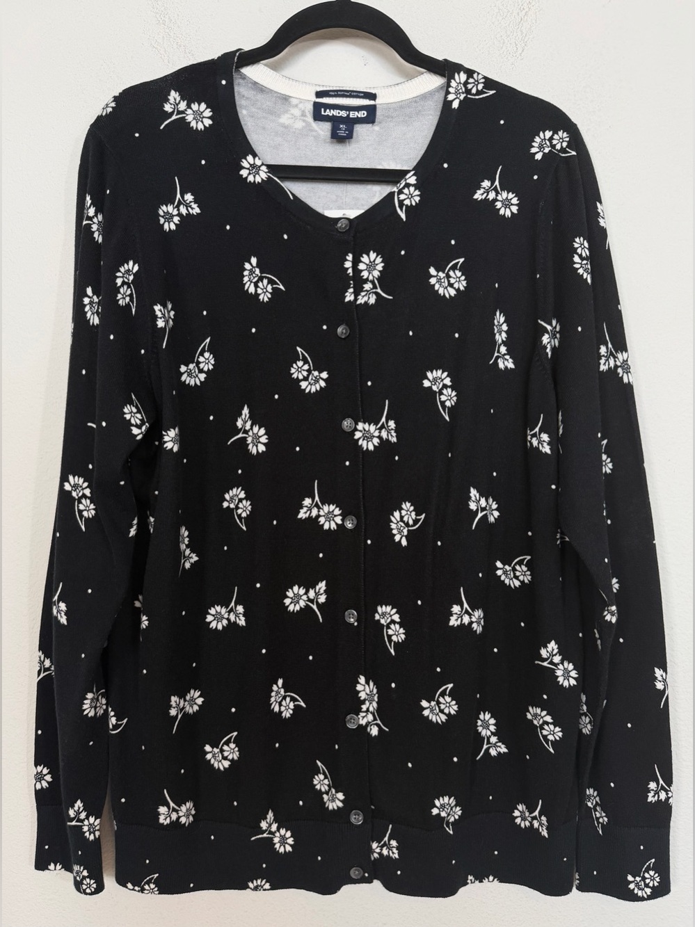 Lands’ End Supima Cotton Black White Floral Polka Dot Cardigan NWT Size XL